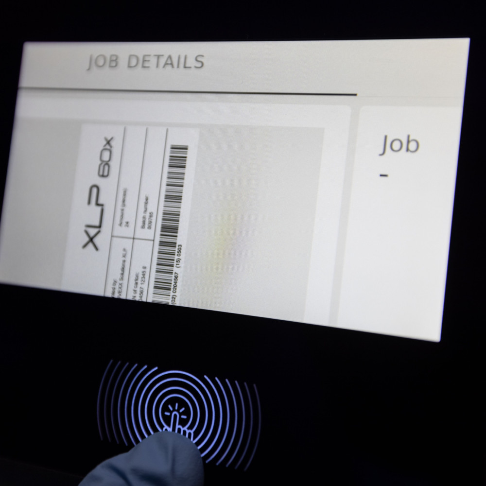 Novexx XLP 60x Printer showing close-up of hi-res touch-screen