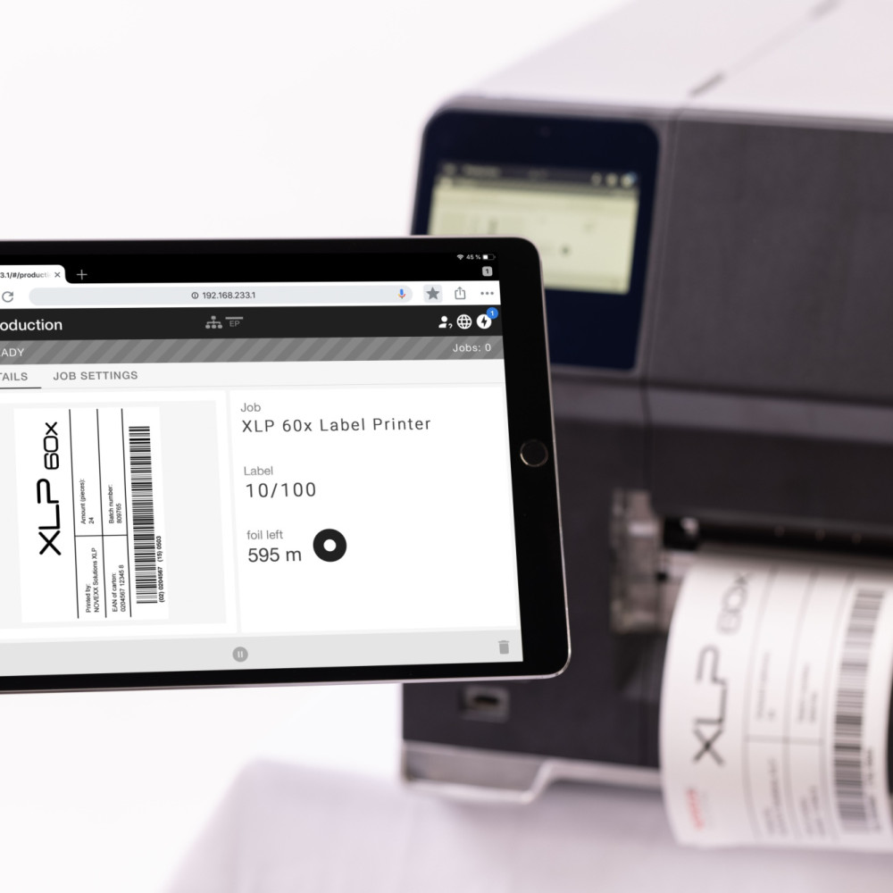 Novexx XLP 60x printer showing web interface on tablet device