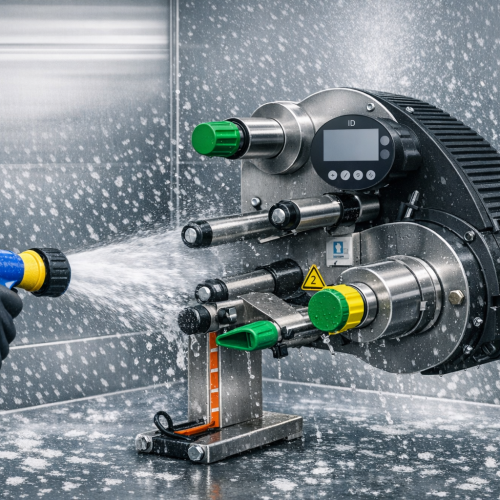 Washdown labeller with IP65 protection showing spray hose